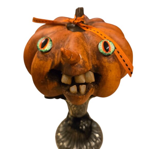 Halloween JOL Pumpkin OOAK Creepy Sculpture Jack O Lantern Teeth Assemblage Art - Picture 3 of 16